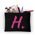 Schwarze Kosmetiktasche aus Canvas mit rosa Glitzer Buchstabe H und Herz Aufdruck - Rosa Glitzer Buchstabe H (TSND51-H)