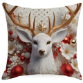 Detailansicht der 3D-Rentier-Stickerei mit goldenem Geweih auf dem Weihnachtskissen - Weißer Rentier-Stil (DYM394-2) / Standard Quadratisch