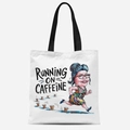 White canvas tote bag featuring RUNNING ON CAFFEINE comic print and black shoulder straps - Running on Caffeine(TFBD26-8)