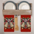 Paños de cocina navideños rojos con campanas doradas colgados en un soporte de madera - Estilo Campanas (MJBT371-3) / Grande (Paquete Doble)
