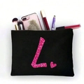 Schwarze Kosmetiktasche aus Segeltuch mit rosa Pailletten-Buchstabe L und Herzmotiv - Rosa Glitzer Buchstabe L (TSND51-L)