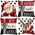 Set of 4 Christmas throw pillow covers with Santa, reindeer, and festive quotes - 45x45 Square (No Insert) / Cute Red and Black Plaid Series (JYM643 Series)