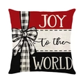 Weihnachtskissenbezug mit Joy to the World Text und roter Karo-Schleifen-Deko - JOY-Stil (DYM392-3) / 45x45cm Leinen Einseitig Ohne Kern