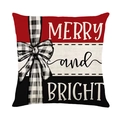 Nahaufnahme der Weihnachtskissenhülle aus Leinen mit Karoschleife und festlichem Text - MERRY-Stil (DYM392-4) / 45x45cm Leinen Einseitig Ohne Kern