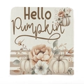 Stuhlbezug aus Leinen mit Hello Pumpkin Text, weißen Kürbissen und Herbstblumen - Hallo Kürbis Stil (TYT12-4)