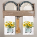 Lot de deux torchons de cuisine blancs avec fleurs jaunes et citation inspirante - Style Grow Positive Thoughts (MJBT80-13) / 40*60cm