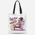 White canvas tote bag with black handles and comical wedding workout illustration - Wedding Sweating(TFBD26-14)