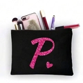 Tragbare schwarze Kosmetiktasche aus Canvas mit glitzerndem rosa P und Reißverschluss - Rosa Glitzer Buchstabe P (TSND51-P)