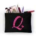 Schwarze Kosmetiktasche aus Segeltuch mit rosa Glitzer Buchstabe Q und Herz Druck - Rosa Glitzer Buchstabe Q (TSND51-Q)