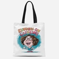 White canvas tote bag with Running on Caffeine cartoon woman illustration and black straps - Running on Caffeine(TFBD26-16)