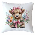 White highland cow pillow cover with floral crown and pink bow for home decor - Highland Cow Pattern 7 (CDR380-7) / Square