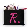 Schwarze Kosmetiktasche aus Segeltuch mit rosa Glitzer Buchstabe R und Kosmetikfüllung - Rosa Glitzer Buchstabe R (TSND51-R)