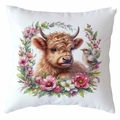 Square Highland Cow pillowcase with pink floral wreath and small bird on white canvas - Square
