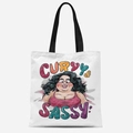 White canvas tote bag with Curvy & Sassy artistic illustration and black handles - Curvy and Sassy(TFBD26-18)