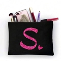 Schwarze Kosmetiktasche aus Segeltuch mit pinkfarbenem Glitzerbuchstaben S und Herzmotiv - Rosa Glitzer Buchstabe S (TSND51-S)