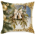 Detail van de crème en gouden kerstkussensloop met klokken en grote gouden strikken - Klokken Patroon (DYM396-4) / 45x45CM Zonder Kussenvulling