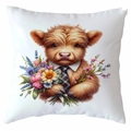 Square pillow cover with Scottish Highland cow illustration holding vibrant spring flowers - Square