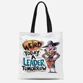 White canvas tote bag with black handles and cartoon leader quote graphic print - Leader Tomorrow(TFBD26-19)