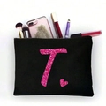 Schwarze Kosmetiktasche aus Canvas mit rosa glitzerndem Buchstaben T Aufdruck - Rosa Glitzer Buchstabe T (TSND51-T)