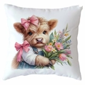 Highland cow throw pillow case with floral denim overalls design for spring sofa decor - Square
