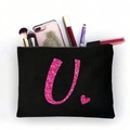 Schwarze Kosmetiktasche aus Canvas mit pink glitzerndem Buchstaben U und Herz - Rosa Glitzer Buchstabe U (TSND51-U)