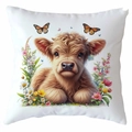 Square Highland Cow pillow cover with colorful spring flowers and butterflies on white background - Highland Cow Pattern 14 (CDR380-14) / Square
