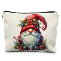 Christmas gnome makeup bag with watercolor festive print and black zipper on cream linen - Holly Berry Red Pointed Hat Style (TSND58-9)