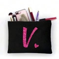 Schwarze Canvas-Kosmetiktasche mit rosa Glitzer-Buchstabe V und Herzmuster - Rosa Glitzer Buchstabe V (TSND51-V)