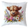 Square white pillowcase featuring highland cow cub portrait and spring flower patterns - Highland Cow Pattern 15 (CDR380-15) / Square