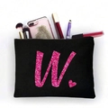 Schwarze Canvas Kosmetiktasche mit rosa Pailletten-Buchstabe W und Reißverschluss - Rosa Glitzer Buchstabe W (TSND51-W)