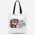 White canvas tote bag featuring funny cartoon old lady print and black woven handles - Tfbd26-24; 33*39cm; 12 Oz Polyester-cotton Canvas (single-sided Printed)