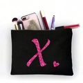 Schwarze Kosmetiktasche aus Canvas mit rosa Glitzer Buchstabe X und Herzprint - Rosa Glitzer Buchstabe X (TSND51-X)