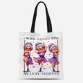 White canvas tote bag with funny dancing grandmas print and black fabric handles - Work Hard(TFBD26-26)