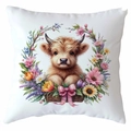 Square white cushion cover featuring Highland cow calf in flower basket with pink bow - Highland Cow Pattern 21 (CDR380-21) / Square