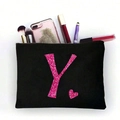 Schwarze Kosmetiktasche aus Segeltuch mit rosa Pailletten-Buchstabe Y und Herzprint - Rosa Glitzer Buchstabe Y (TSND51-Y)