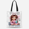 White canvas tote bag with funny 'Some Moms Swear Too Much' cartoon print and black handles - Some Moms Swear(TFBD26-28)