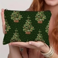 Christmas burlap zipper pouch with tree patterns and gold dots held by hand - Christmas Tree and Stars Style (TSND66-4)