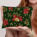 Christmas theme linen zipper storage pouch with festive floral patterns held by hands - Christmas Wreath Style (TSND66-2)