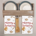 Set of two white Christmas kitchen towels with Merry Christmas text and gingerbread man - White Merry Christmas Script Pattern