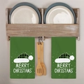 Vista verticale di un canovaccio natalizio verde con cappello da pupazzo di neve in cucina - Auguri di Cappello di Natale (MJBT96-3)