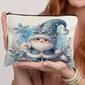 Detail of Christmas elf printed linen bag held in hands showing size and texture - Light Beige Cool Blue Gnome Style (TSND69-5)