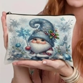 Detailed view of blue Christmas gnome linen bag with zipper closure held by hand - Pale Blue Snowflake Holly Gnome Style (TSND69-6)