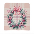 Pink and white plaid Christmas chair cover with festive berry wreath and bow detail - Wreath Bowknot