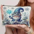Close-up of a linen Christmas pouch featuring a blue elf pattern held in hands - Blue Pointed Hat Snowflake Staff Gnome Style (TSND69-7)