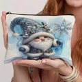 Blue Christmas gnome cosmetic bag held by a model showcasing holiday theme design - Blue Winter Suit Floral Long Hat Gnome Style (TSND69-8)