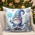 Close-up of winter blue gnome pillowcase on sofa with festive Christmas tree background - Blue Christmas Gnome Pattern 7(CDR388-7) / 45*45cm Short Plush Single Sided Without Core