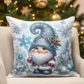 Detail of blue winter gnome cushion cover on sofa with festive Christmas tree background - Blue Christmas Gnome Pattern 6(CDR388-6) / 45*45cm Short Plush Single Sided Without Core