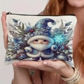 Blue Christmas gnome linen pouch with zipper, portable holiday themed makeup bag - Blue Winter Suit White Beard Staff Gnome Style (TSND69-13)