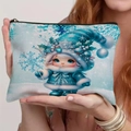 Blue Christmas elf girl illustration linen storage bag with durable black zipper - Blue Winter Suit Holding Snowflake Girl Style (TSND69-14)