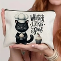 Canvas makeup bag featuring a cute black cat chef print and a secure black zipper - Chef Cat (TSND71-20) / 21.5x15cm